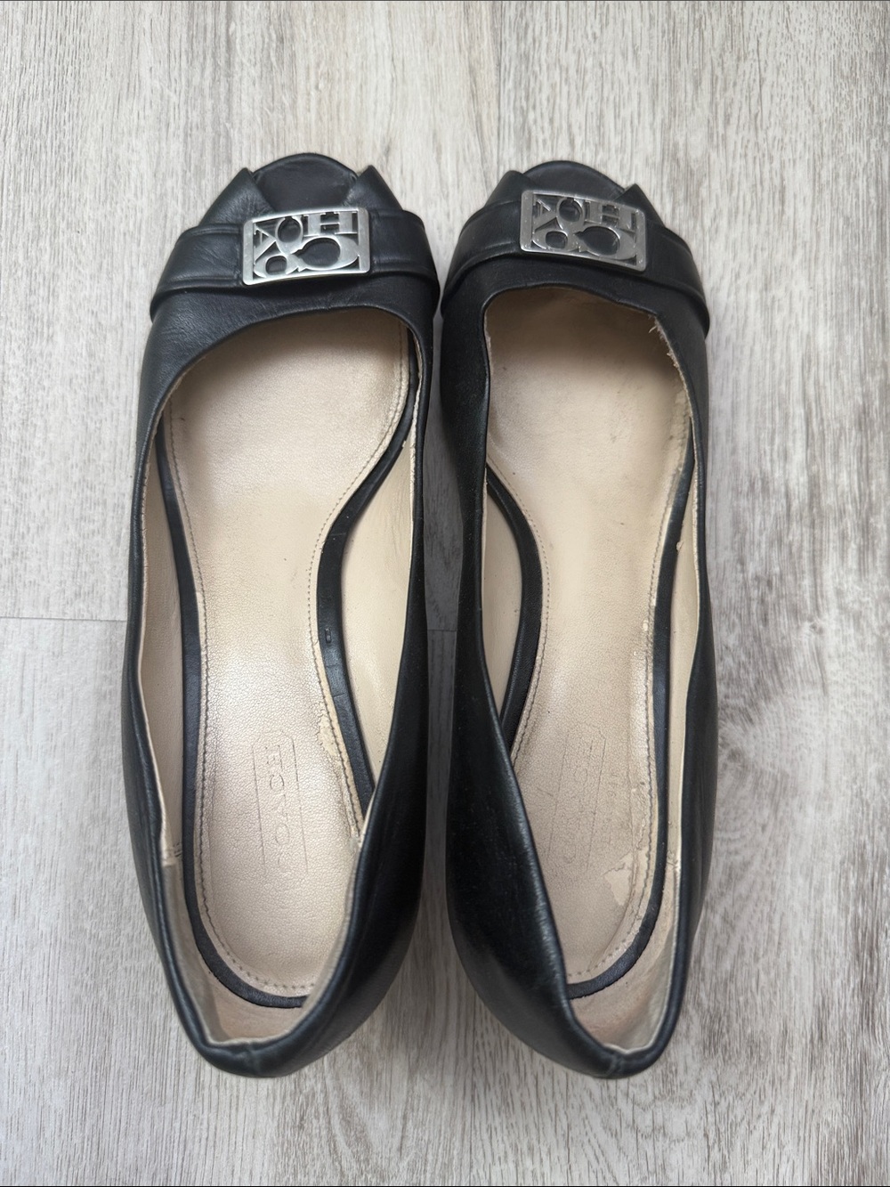 Coach Black Peep-Toe Wedge Pumps with Silver Logo Accent - Picture 5 of 7